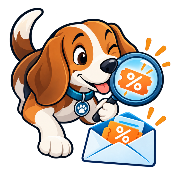 CodeHound, a beagle with a magnifying glass, sniffing out a coupon in an envelope